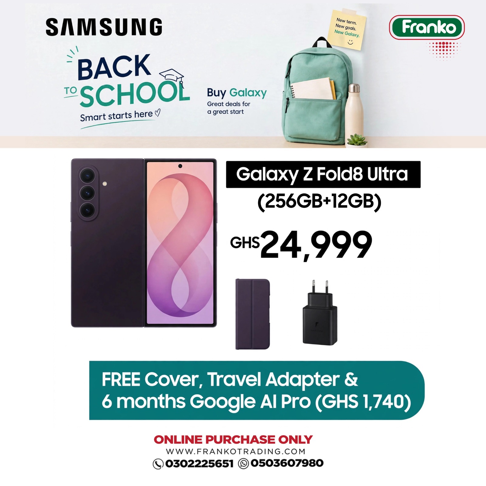 Samsung Fold 8 Ultra (256GB + 12GB) - Phone Cover, Travel Adapter Plus 6 Months Google Ai Pro Valued at GHc1,740